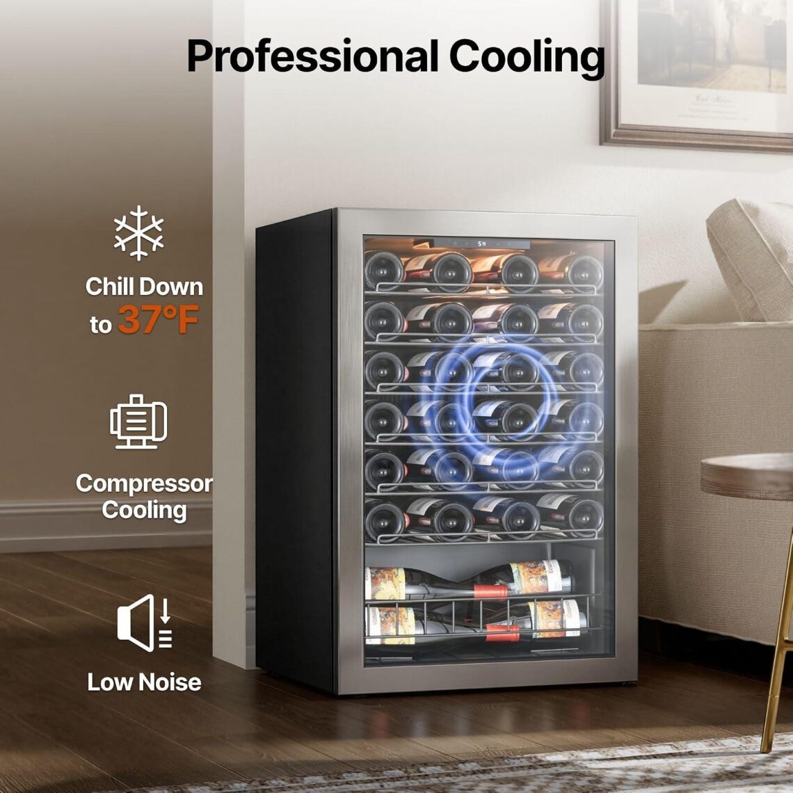 Best Wine Cooler – Ca’Lefort 46 Bottle Wine Fridge, Wine Cooler Refrigerator, Wine Fridge Under Counter with Double-Pane Glass Door, 3-Color LED & Removable Shelves, 37-65℉ for Home/Bar/Office